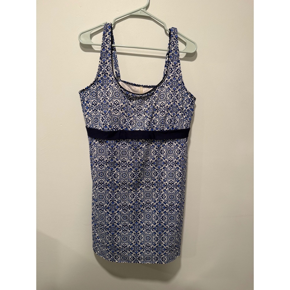 Lands End Blue White Medallion Swim Dress Underwire Bra Coastal Size 18